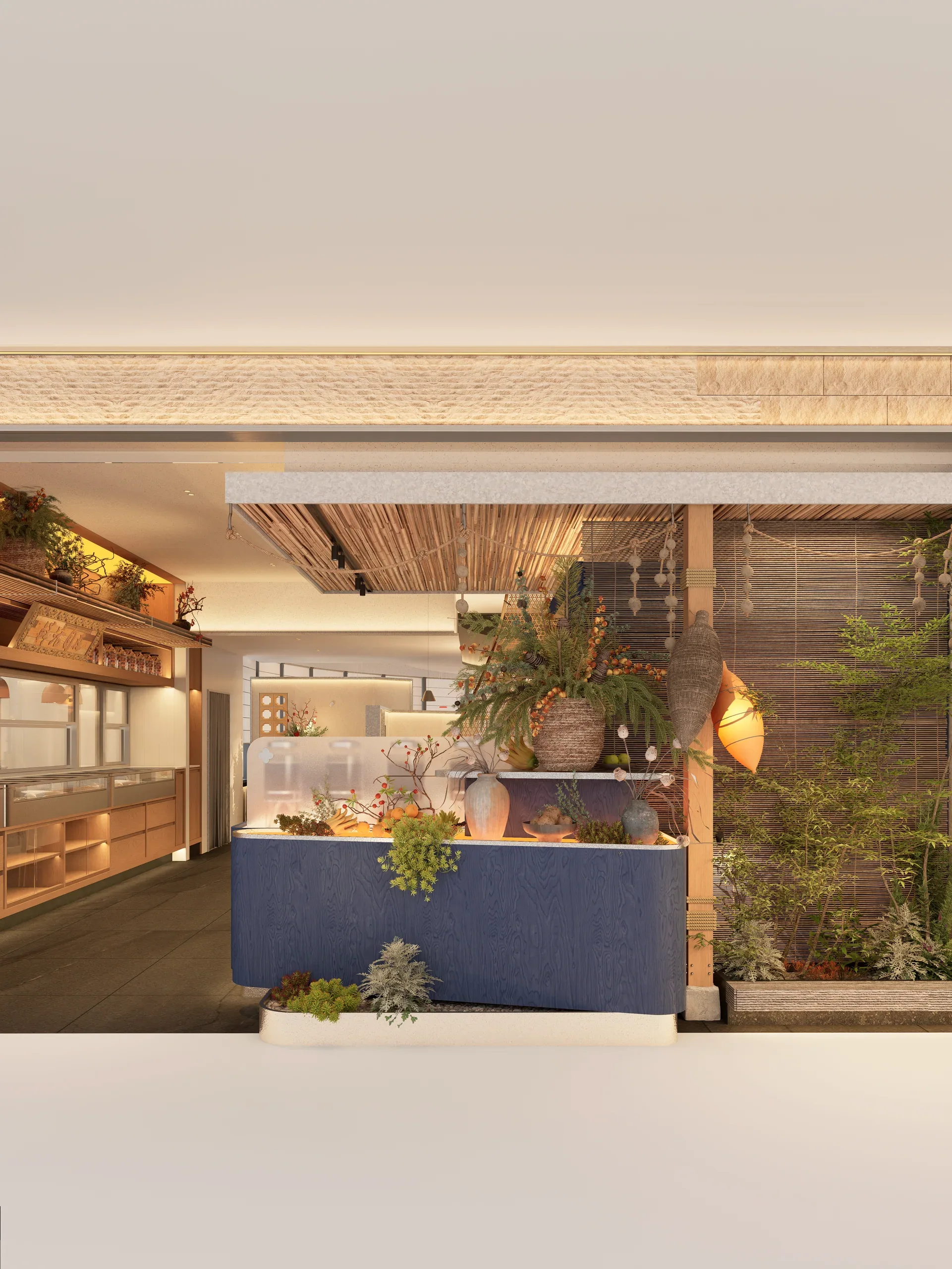 鰆浪仙林店，入口植物与灯光