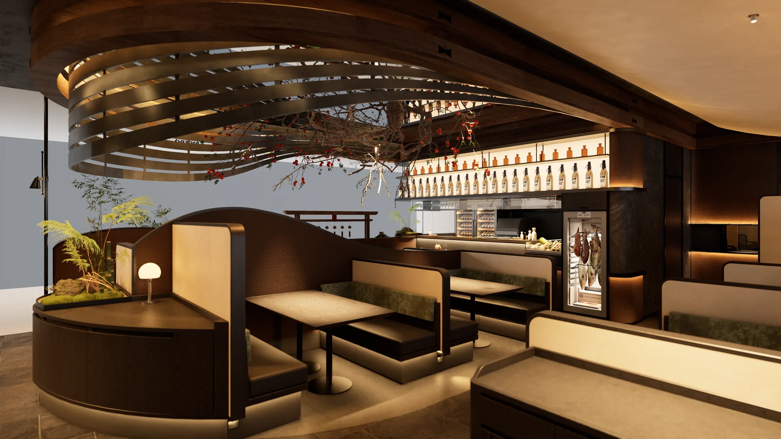 鸟庭宁波万象城店，曲线构件与卡座